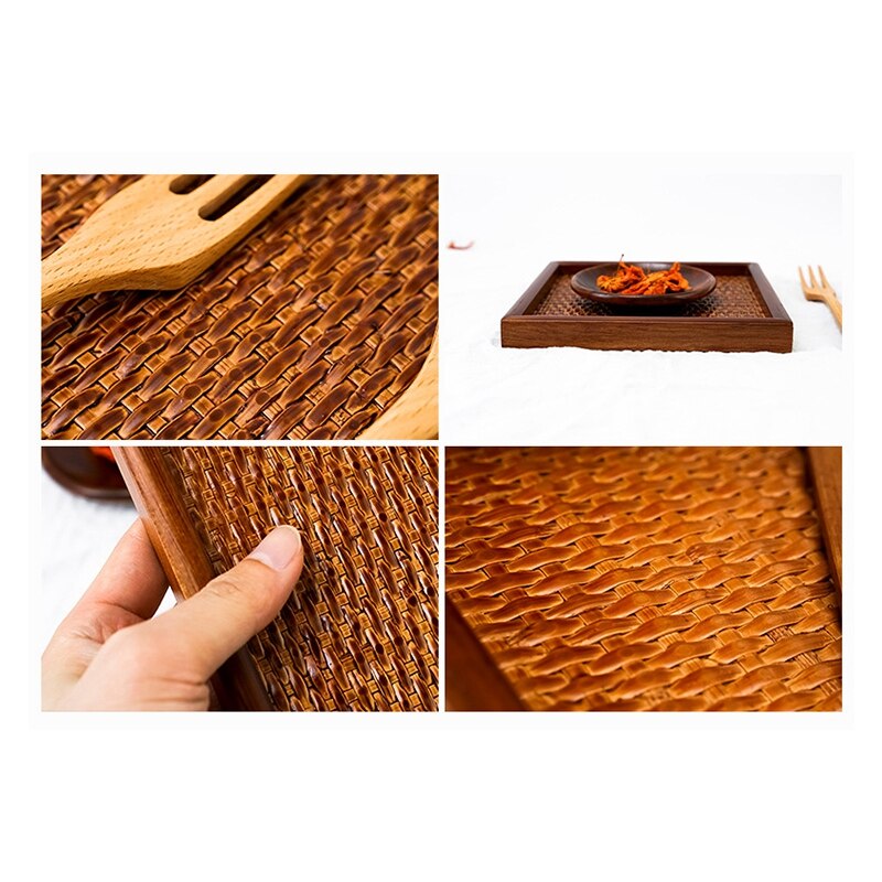 Rattan Dinner Plate Square Serving Tray Beef Steak Fruit Snack Tray Restaurant Food Cutlery Storage Plate