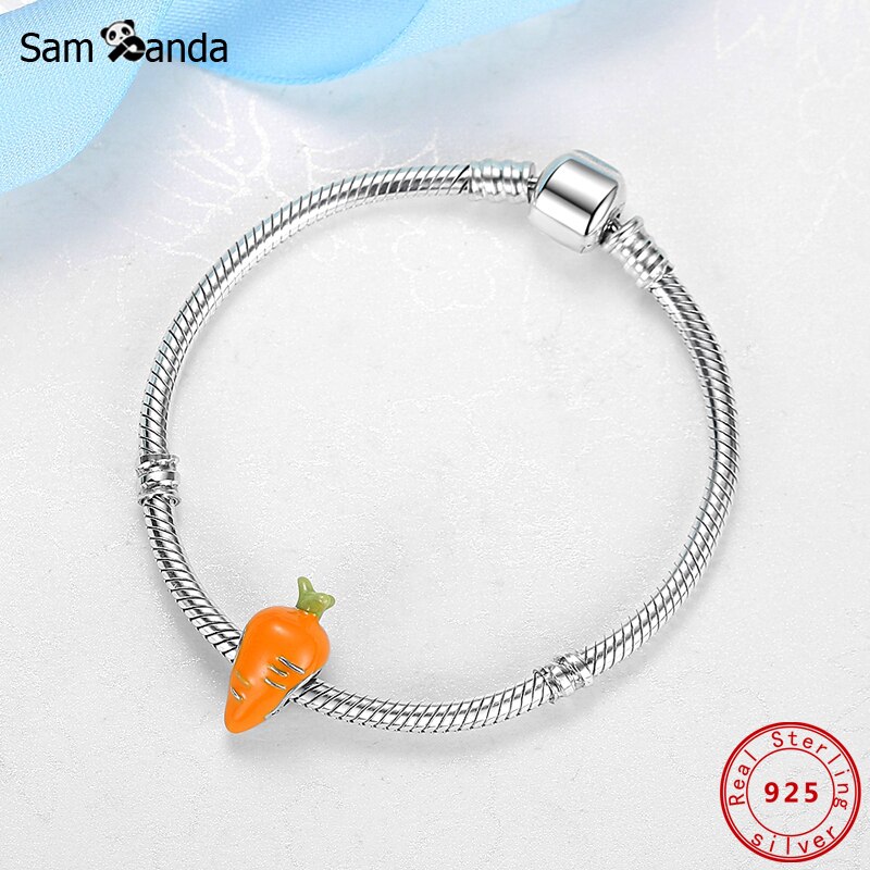 Authentieke 100% 925 Sterling Silver Bead Charm Wortel Bedels Liefde Konijn Oranje Emaille Fit Armbanden Vrouwen Fijne Sieraden