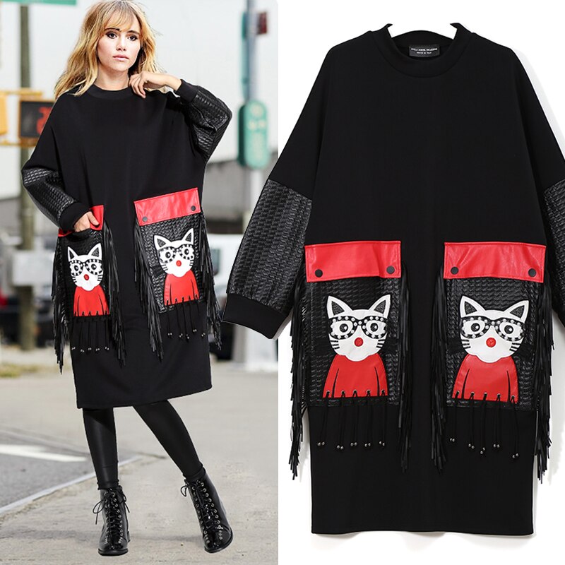 invierno mujer estilo vestido negro vestido de talla grande Midi de manga larga de dibujos animados de bolsillo flecos señoras lindo vestido grande traje 3084
