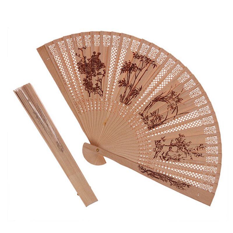Chinese Folding Fan Incense Wood Hand-cranked Fan Sandalwood Hollow Hand-held Fan Wood Carving Printing Decorative Craft Fan