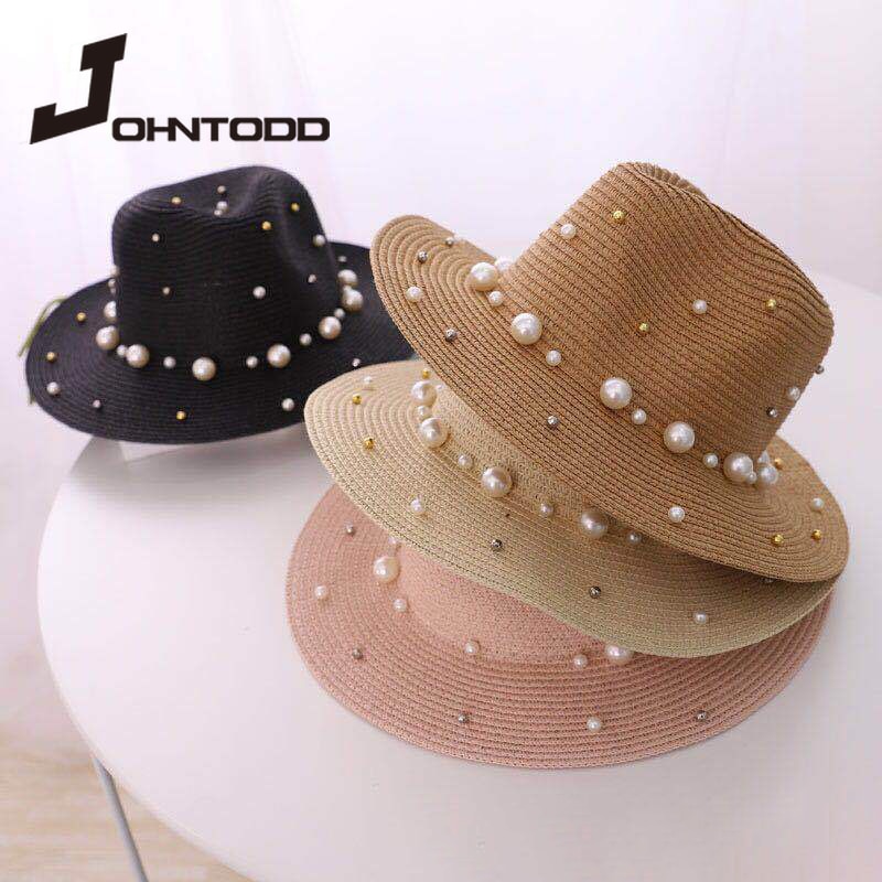 summer ladies spring hats flower beads wide brim jazz panama straw sun visor beach hat flower rivet pearl straw hat cap