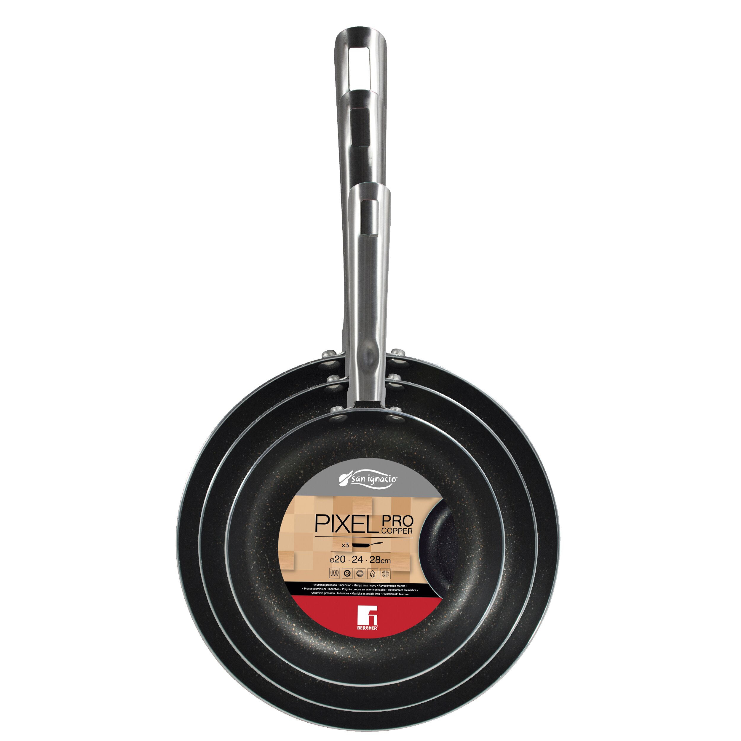 San Ignacio Pannen Set (20,24,28 Cm) in Koperkleurige Geperst Aluminium Met Set Van 4 Keukenmessen In Roestvrij Staal