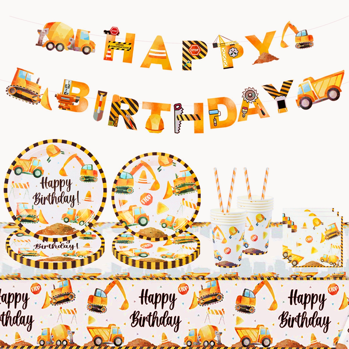 Construction Balloon Backdrop Disposable Tableware Birthday Decor Boy Excavator Truck Tractor Construction Birthday Party Decor
