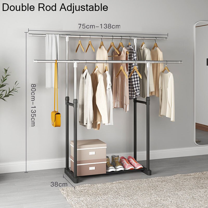 Adjustable Rolling Coat Rack Double Rod Clothes Rack Stainless Steel Hanger Floor Storage Organizer Clothing Wall Coat Racks