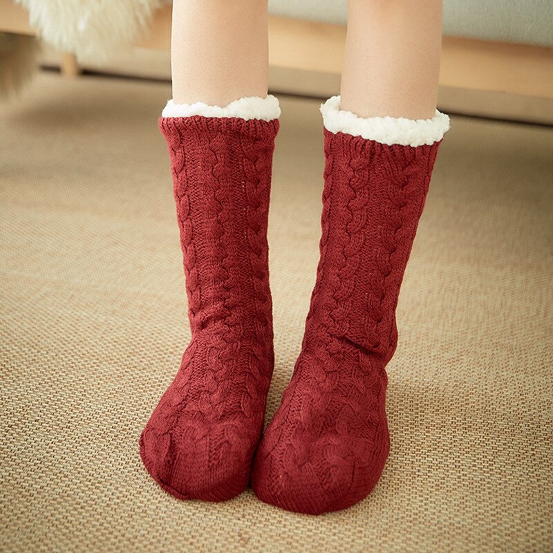 Winter Thick Warm Fluffy Floor Socks For Women Sneakers Kawaii Acrylic Cotton Wool Non-Slip Red Christmas Snow Slippers Socks: Wine red