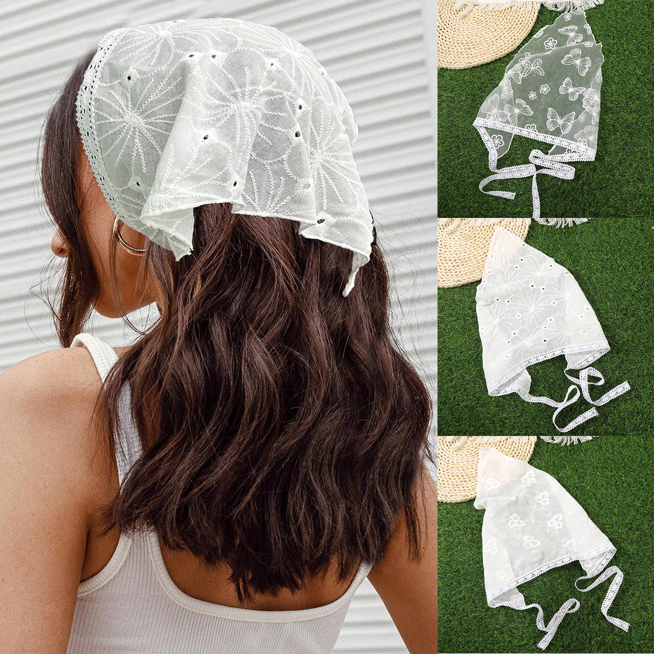 Pañuelo triangular blanco para el pelo, diademas, Bandana para el pelo, pañuelo elástico para el pelo, pañuelos bordados para el cabello, accesorios para el cabello