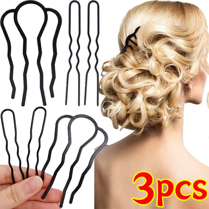 Peines para moño con lazo negro, horquilla para mujeres y niñas, horquilla trenzada en forma de U, Clips para el pelo, adornos para la cabeza, 1/3 Uds.