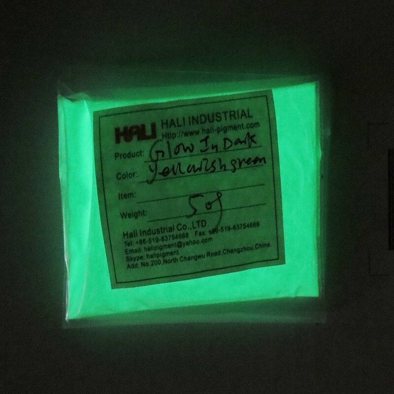 Glow in dark poeder, fotoluminescerend poeder, luminescerend poeder , 1 partijen = 10 kleuren ,10 gram per kleur.: Geelgroen 50g