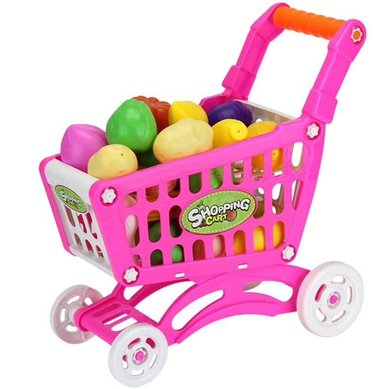 1Set Kids Simulation Supermarket Shopping Cart Mini Trolley With Fruit Vegetable Pink: Default Title