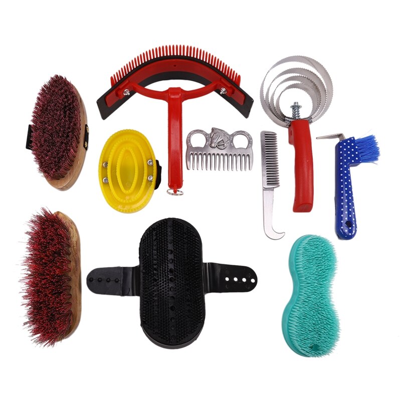 10-IN-1 Horse Grooming Tool Set Cleaning Kit Mane Tail Comb Massage Curry Brush Sweat Scraper Hoof Pick Curry Comb Scrubber