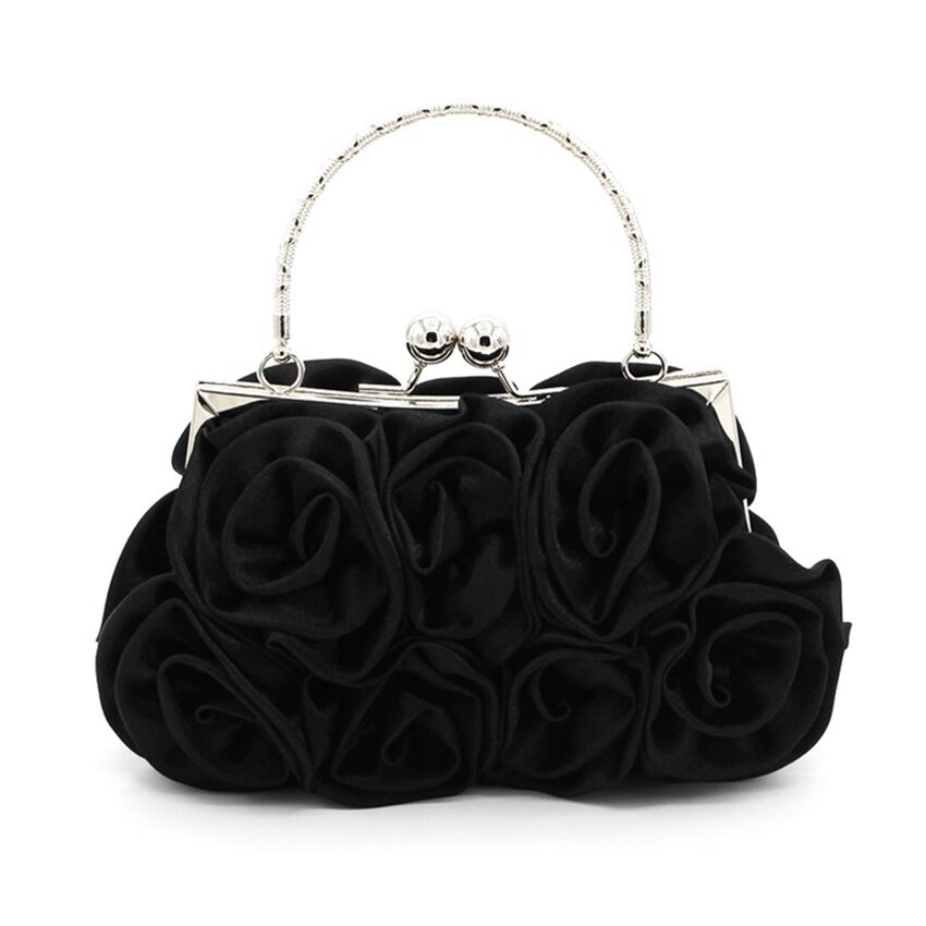 Jnket moda rosa flor padrão noite das senhoras saco de embreagem nupcial bolsa festa jantar bolsa: Black