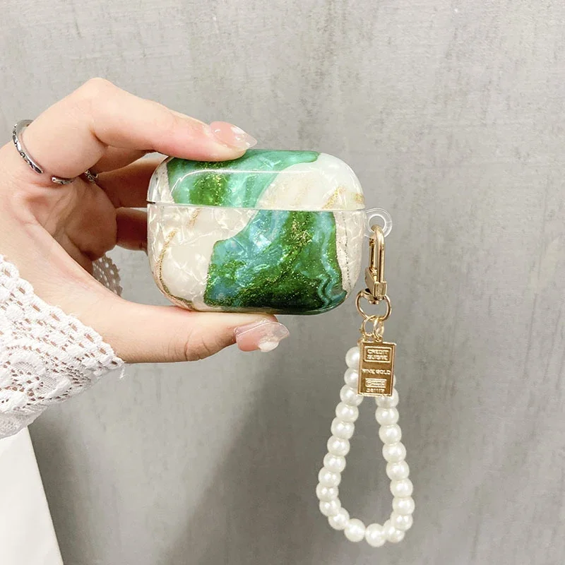 Para Apple AirPods 4 2 3 Pro funda de lujo verde Esmeralda mármol brillante funda para auriculares para AirPods 4 funda lindo corazón perla llavero