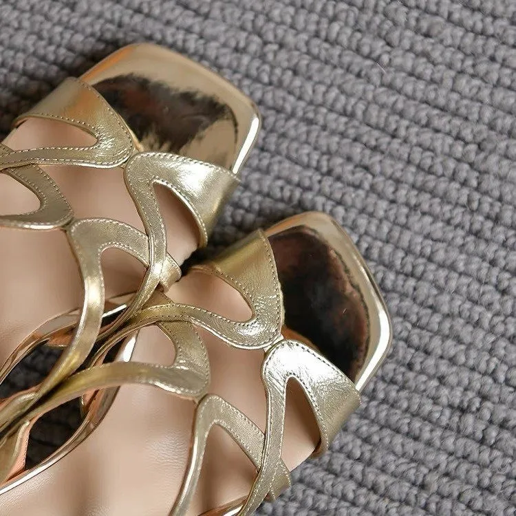Krydsende hule slingbacks sko kvinde peep toe sandaler kvinders sommer sorte tynde høje hæle guld hæl romerske sandaler