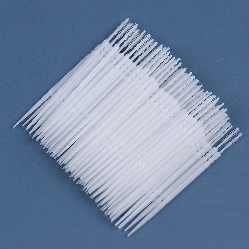 100 PCS Duplo-Headed Higiene Bucal Escova Escolha Interdental Escova de Dentes Varas de Limpeza Oral Floss Palito de Plástico: WHITE