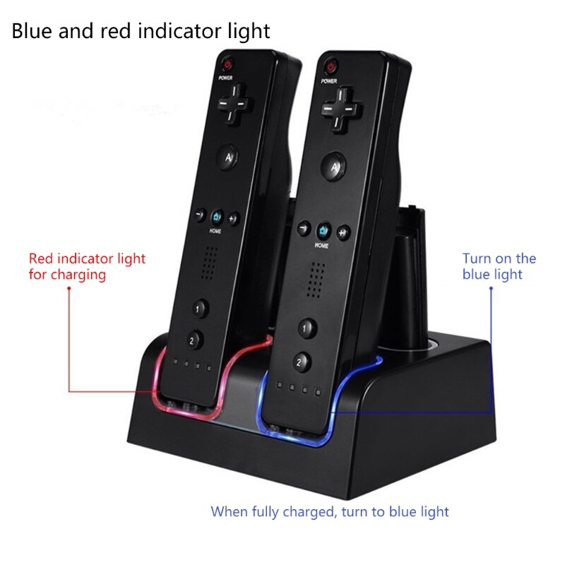 4 in 1 LED Remote Control Charging Dock Station + Rechargeable 4 x 2800mAh Battery USB Cable for WII / WII u