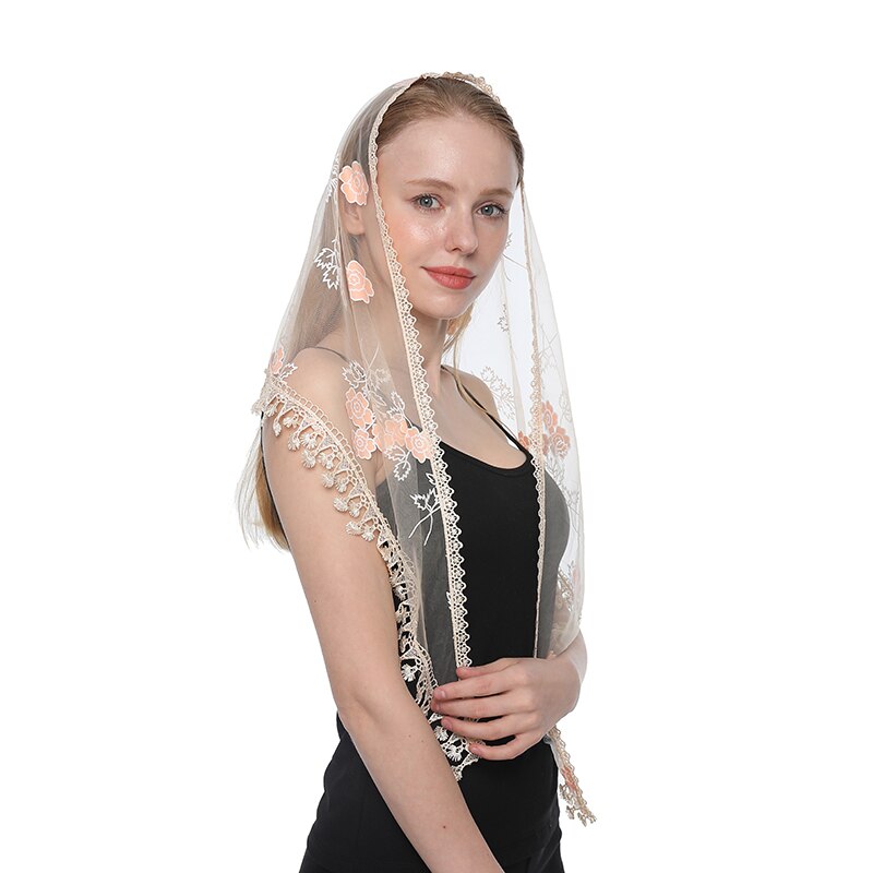 Lenço feminino triangular xale de renda para igreja, véu transparente bordado espanhol de renda para igrejam: 8
