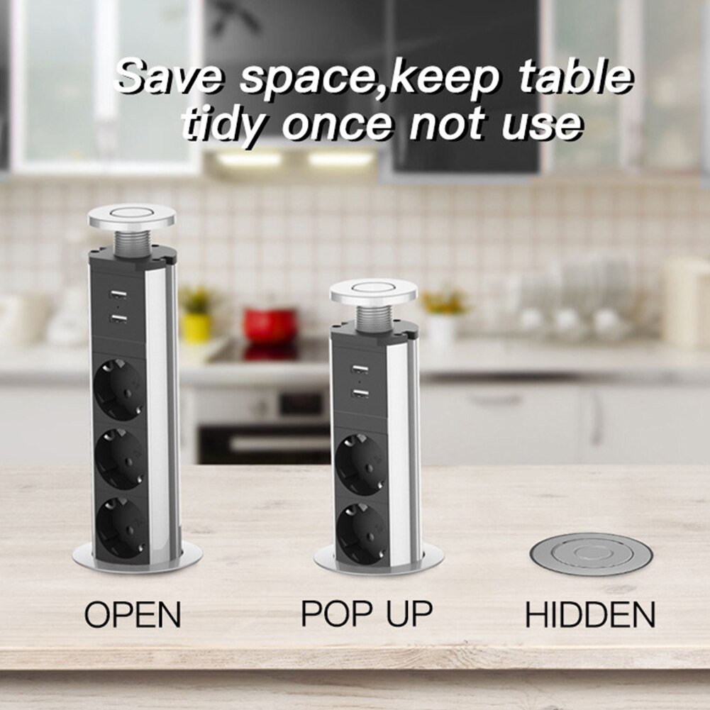 Desktop Socket Office Kitchen Charging Station Retractable Fire Retardant Baby Proof 2 USB Port Living Room 3 Plugs