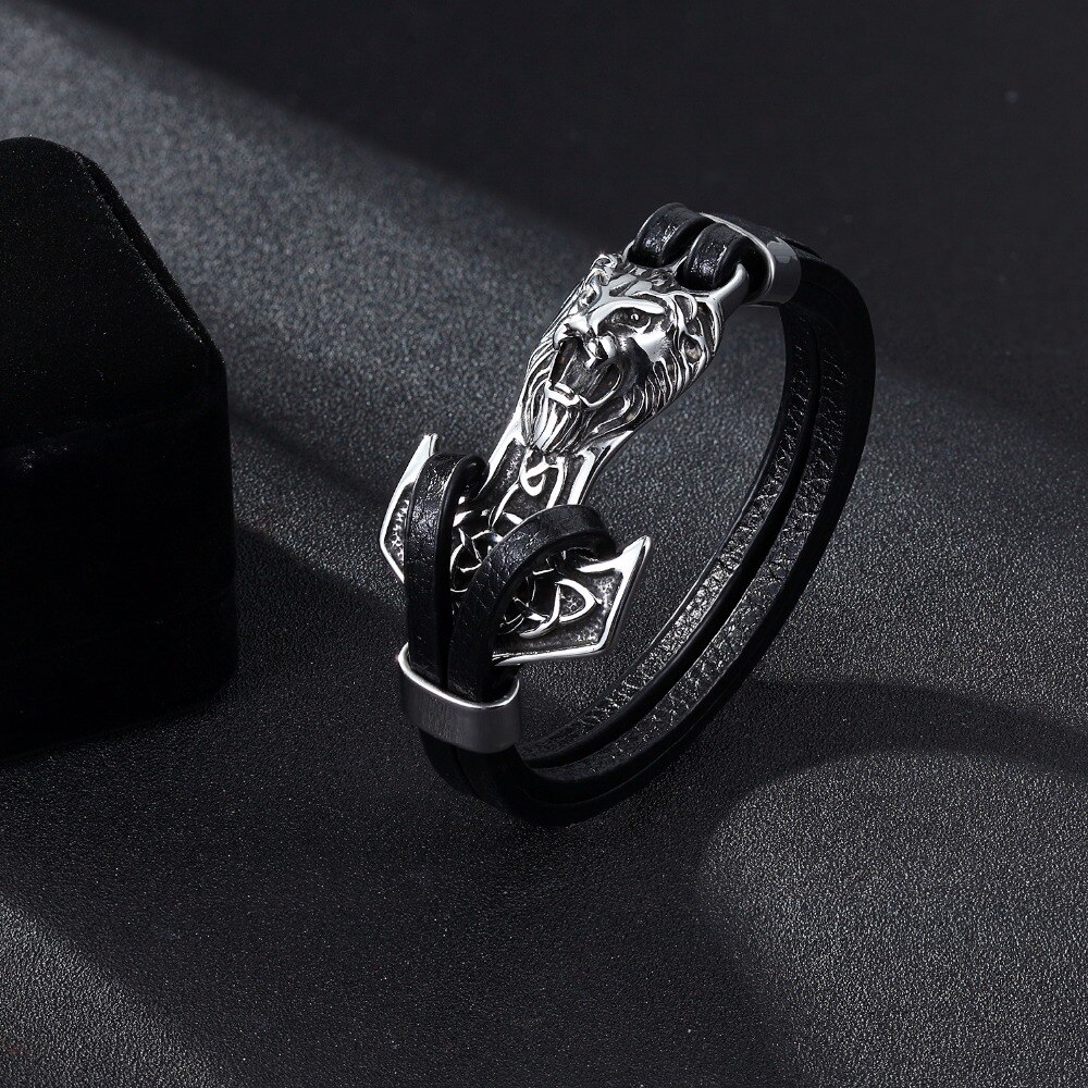 Mkendn mænd armbånd rustfrit stål anker løve sjækler læder armbånd mænd armbånd smykker pulseras
