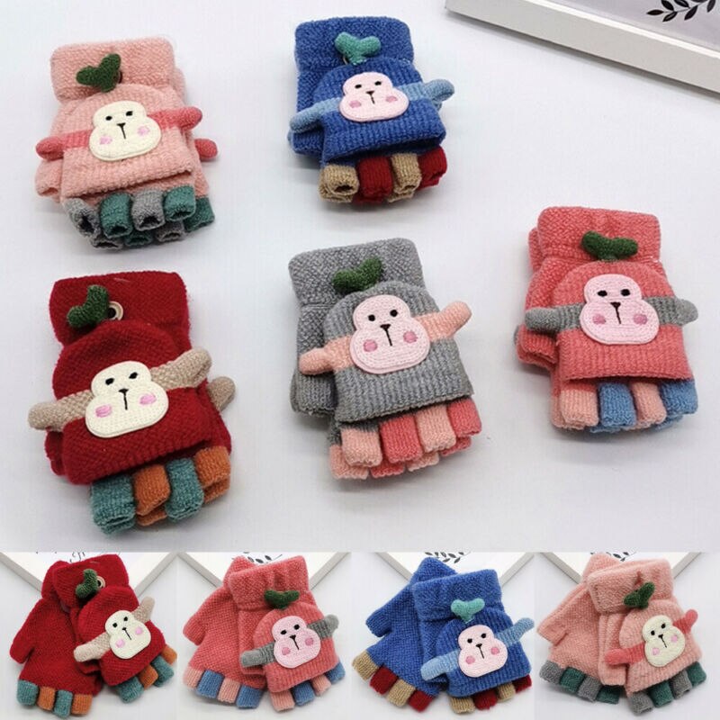 Autunno Caldo di Inverno Del Bambino Delle Ragazze Del Ragazzo Bambini di Pelliccia di Spessore Lavorato A Maglia Del Fumetto della Scimmia Guanti per I Più Piccoli di Impronte Digitali Guanti