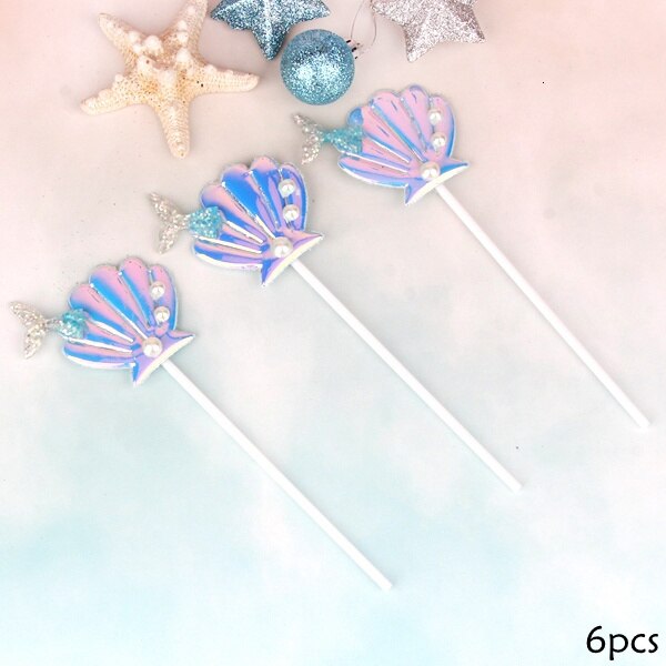 1Pack Mermaid Tail Zeester Shell Cake Toppers Cake Wrappers Voor Meisje Verjaardagsfeestje Taart Decoratie Kids Mermaid Party decor: 6PCS Type F Blue