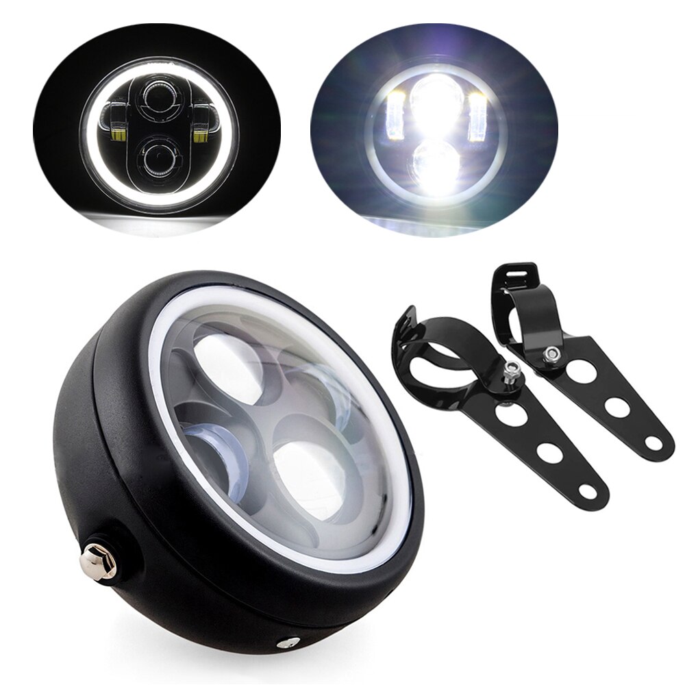 6.5 Inch Ronde Motorcycle Cafe Racer Koplamp Ronde Kop Lamp Moto Led Voor Yamaha Road Star Hornet 250 Xvs 1100 bobber Chopper: White and Bracket