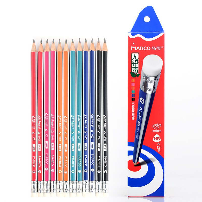 Marco 36pcs/lot HB/2H/2B 2Triangle Wood Pencils Pre-sharpened School Pencils Lead Pencil Wooden Graphite Pencil School supplies: 12 HB Pencils eraser