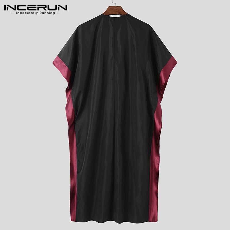Men Muslim Jubba Thobe Half Sleeve Loose Patchwork V Neck Robes Islamic Arabic Kaftan Casual Men Clothing S-5XL INCERUN