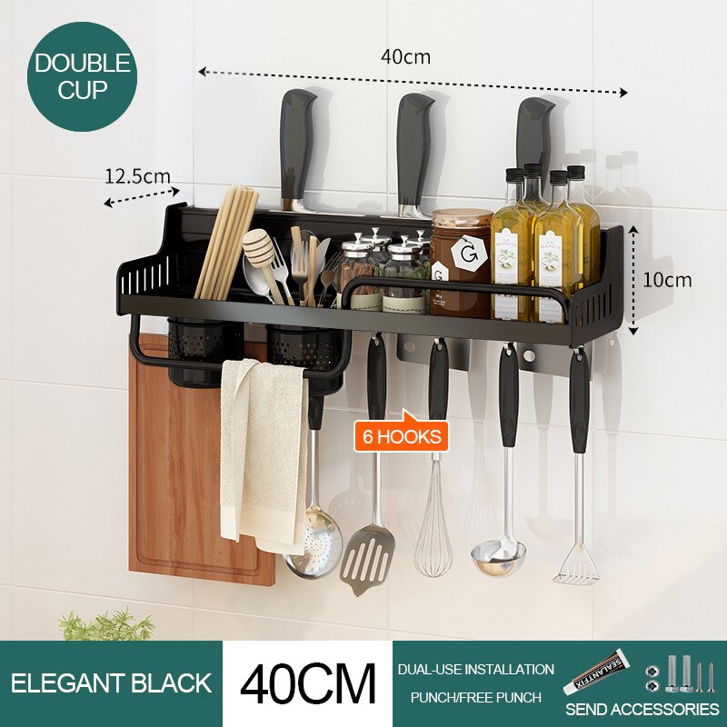 Kichen Organizer Zauberstab-montiert Gewürze Raum Regal Aluminium Multifunktions Kichen schlagen-freies Regal Lagerung Organizer Gestell für Gewürz: doppelt Tasse-40cm