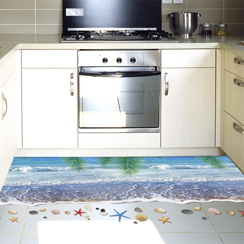 Coconut Tree Sea 3D Stereo Wall Sticker Wall Decal Sea Wave Shell Sand Beach Wallpaper Poster Bathroom Floor Wall Applique Decor