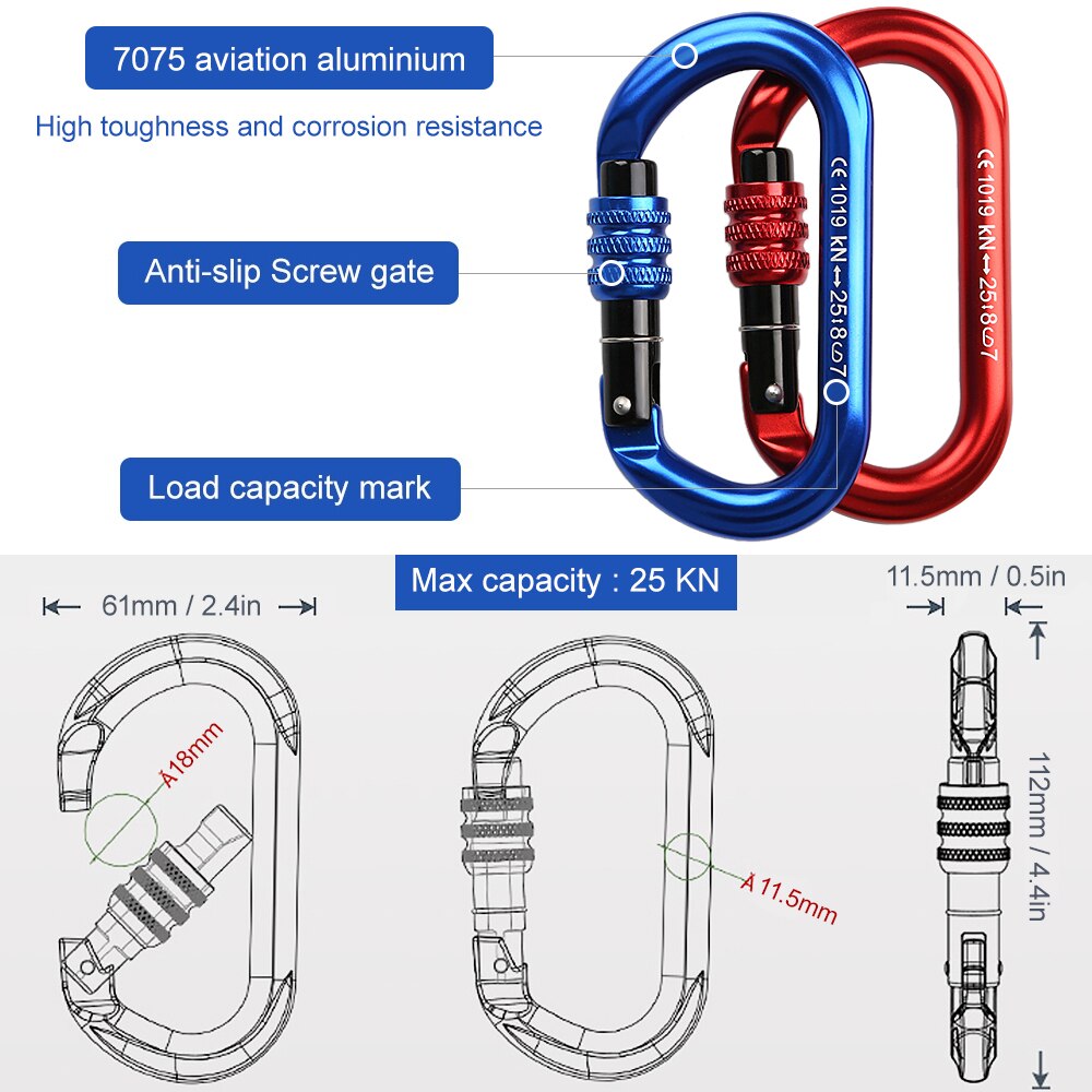 25KN Climbing Carabiner Aluminium Alloy Screw Locking Gate Carabiner Heavy Duty O-shape Buckle Hammock Locking Clip