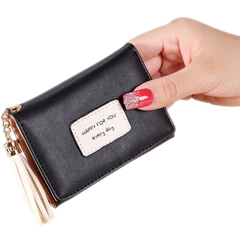 Mode Vrouwen Casual Meisjes Omzoomd Lederen Kleine Portemonnee Brief Patchwork Portefeuilles Portemonnees Vrouwelijke Korte Coin Hasp Purse Credit: Black