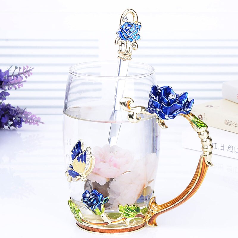 Blå rose emalje krystall te kopp kaffe krus sommerfugl rose malt blomst vann kopper klart glass med skje sett: 04