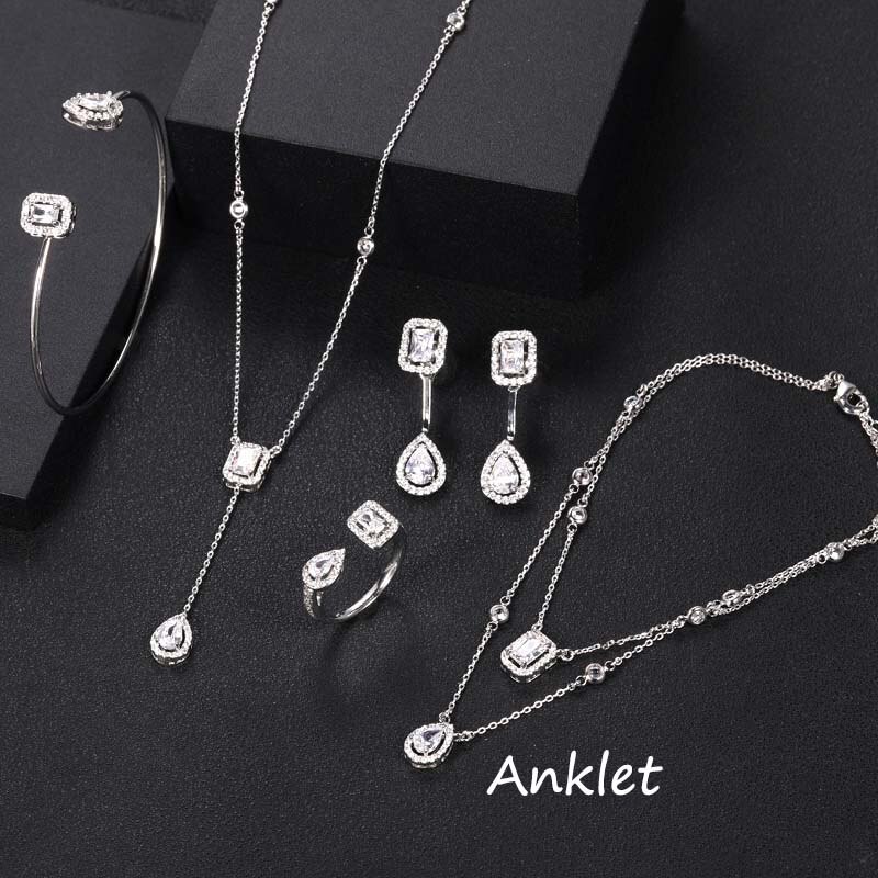 Janekelly 4 pièces de mariée zircone ensembles de bijoux complets pour la fête des femmes, luxe Dubai Nigeria CZ cristal ensembles de bijoux de mariage: add Anklet