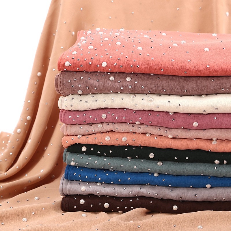 Maleisië vrouwen Bellen Chiffon Sjaal Met diamant studs Parels sjaal vlakte hijab sjaals Wraps effen kleur moslim hijab sjaal