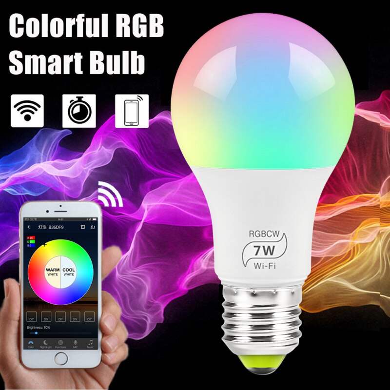 7W E27 RGB WIFI LED smart bulb wireless smart home automation light 100-240V bulb with ALexa Google Home Highlight version