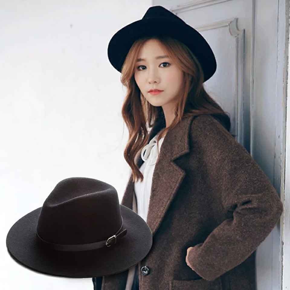 Klassieke Britse Fedora Hoed Brede Rand 8Cm Mannen Vrouwen Imitatie Wollen Winter Vilten Hoeden Mode Jazz Hoed Met Zwarte lederen Gesp