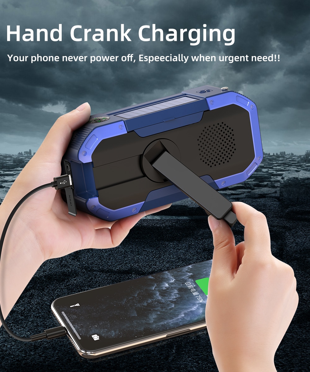 Portable Emergemcy AM/FM/WB/NOAA Weather Radio 5000mAH IPX5 Waterproof Phone Charger Hand Crank Radios LED Flashlight SOS Alarm