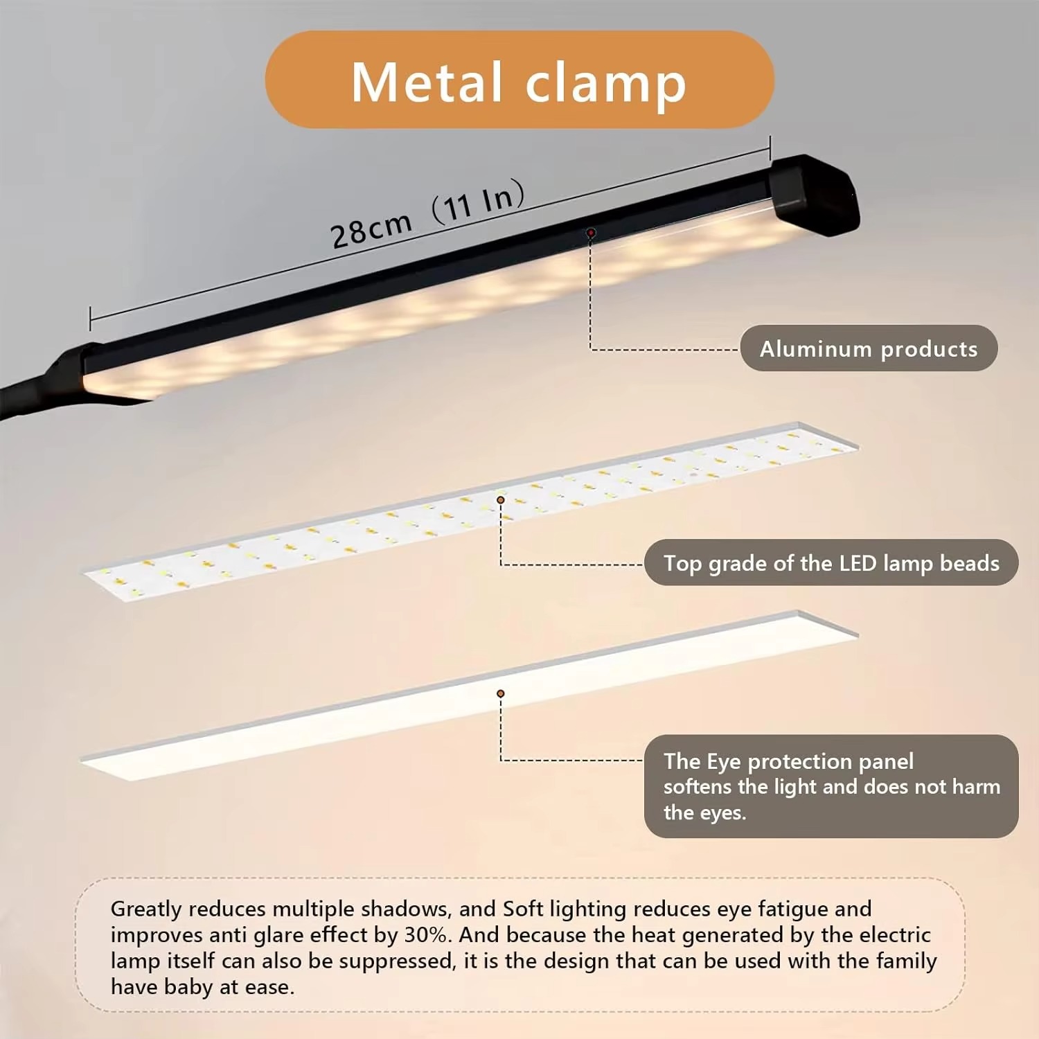 Metalen LED-bureaulamp met klem Oogverzorgend clip-on licht 3 modi 10 instelbare helderheid Lange flexibele zwanenhals voor thuiskantoor