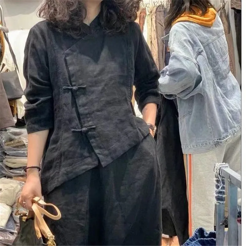 Kiinalainen epäsäännöllinen naisten paita kevät syksy retro solki löysä pusero naisille puuvilla pellava topit plus koko