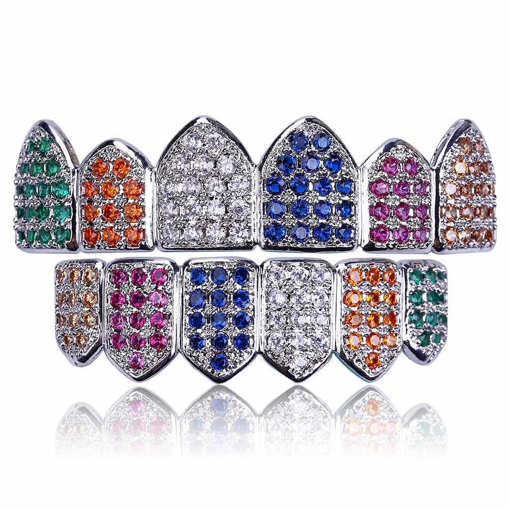 GUCY Gold Color Plated Hip Hop Teeth Grill Caps Micro Pave CZ Top & Bottom GRILLZ Mouth Tooth Grills Set: Rainbow Silver / Bottom