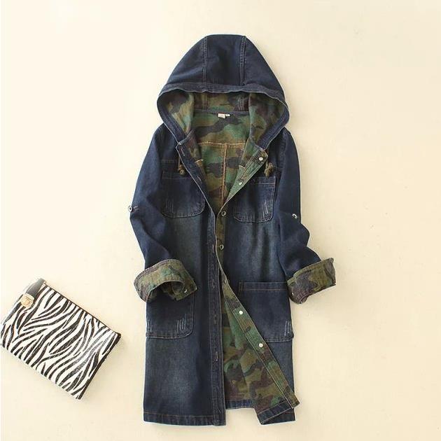 Mærke kvinder single-breasted lang denim hætte vindtæt bf jakke camouflage cowboy camouflage lomme lange ærmer