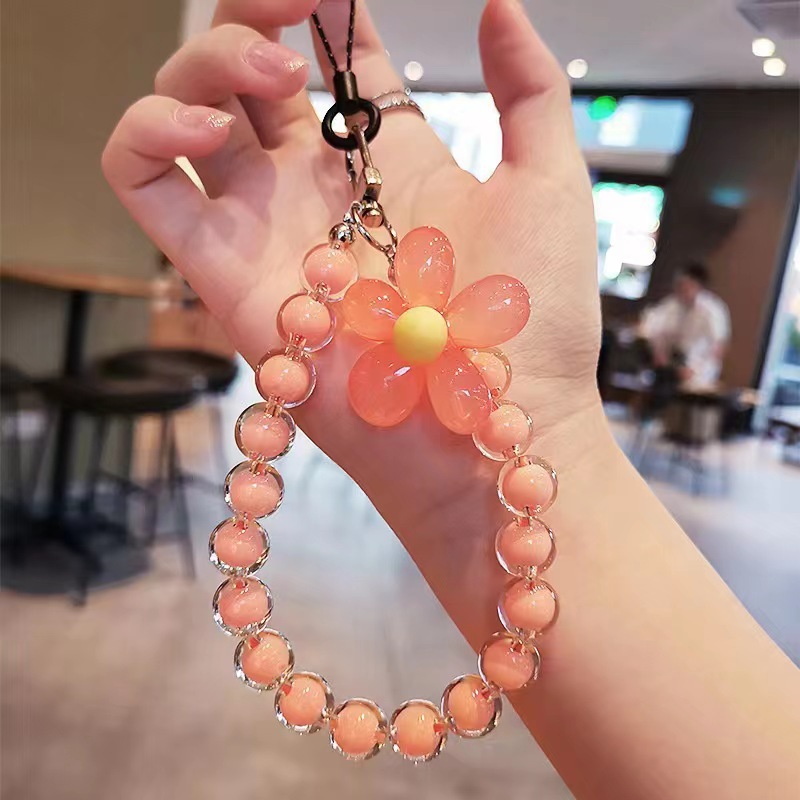 Korean Colorful Flower Beaded Mobile Phone Charm Strap Chain Lanyard Women Girl Jewelry Phone Holder Beads Pendant: Yellow / Gold