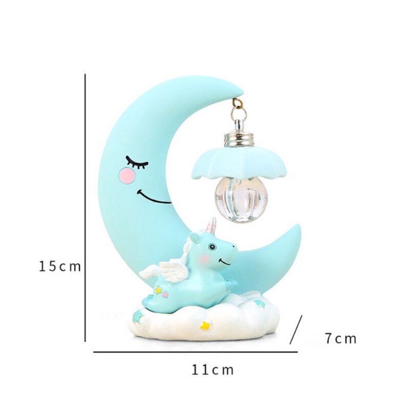 Resina luna unicorno LED Nightlight Cartoon Baby Nursery Lamp respirazione giocattolo per bambini regalo di natale camera dei bambini lampada da tavolo artigianale: blue