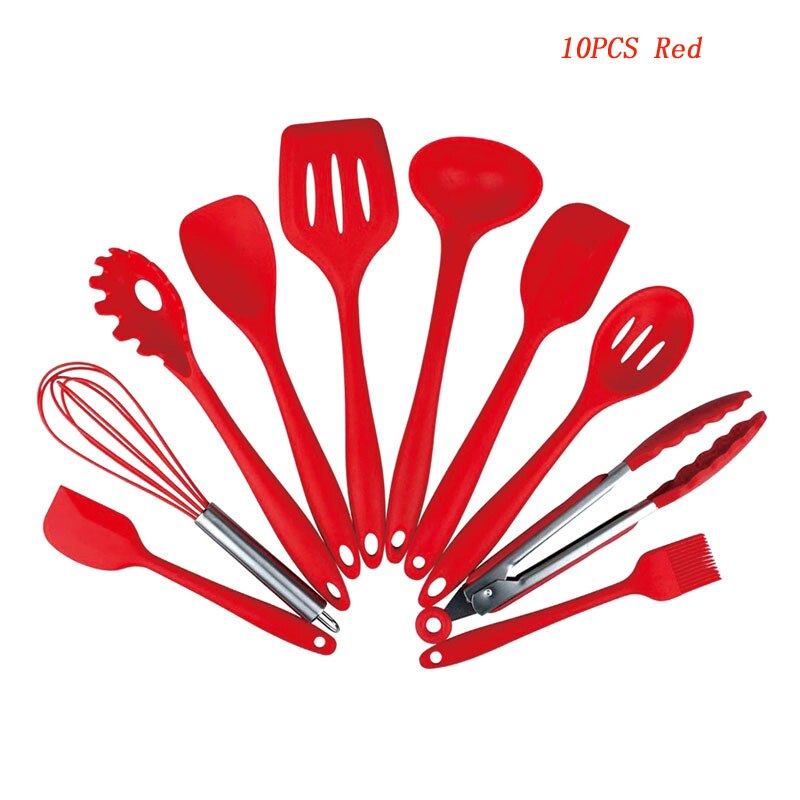 Silicone Kitchen Utensils Set 5/10 Pcs Not-Stick Cooking Tools Spoon Spatula Ladle Egg Beaters Kitchen Accessories Baking Tools: 10pcs  Red