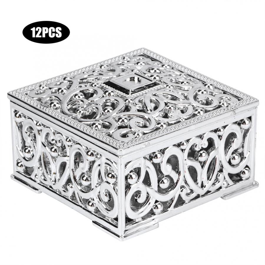 Boîte à bonbons 12 pièces/ensemble, boîte à bonbons, conteneur carré creux de Style européen, conteneur de bonbons, boîte à sucre, fournitures de mariage: Silver
