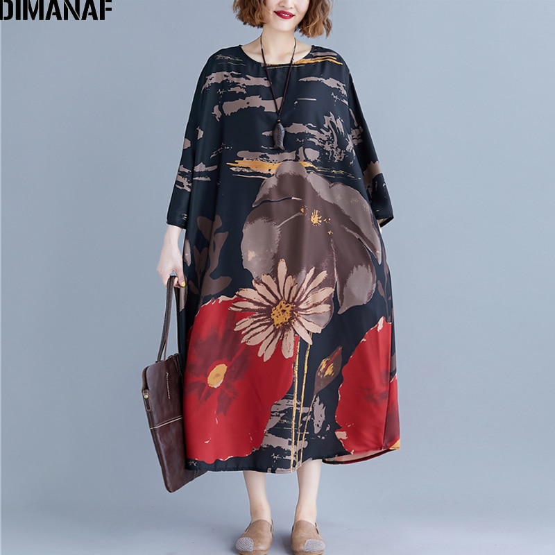DIMANAF Plus Size Vrouwen Jurk Print Herfst Vintage Vestidos Chinese Stijl Elegante Vrouwelijke Lady Lange Mouwen Oversize Losse Jurk