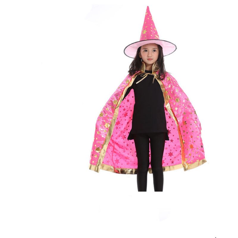 Kids Witch Wizard Cloak Hat Set Stars Pattern Halloween Role Play Cape Robe Costume For Boys Girls: rosy