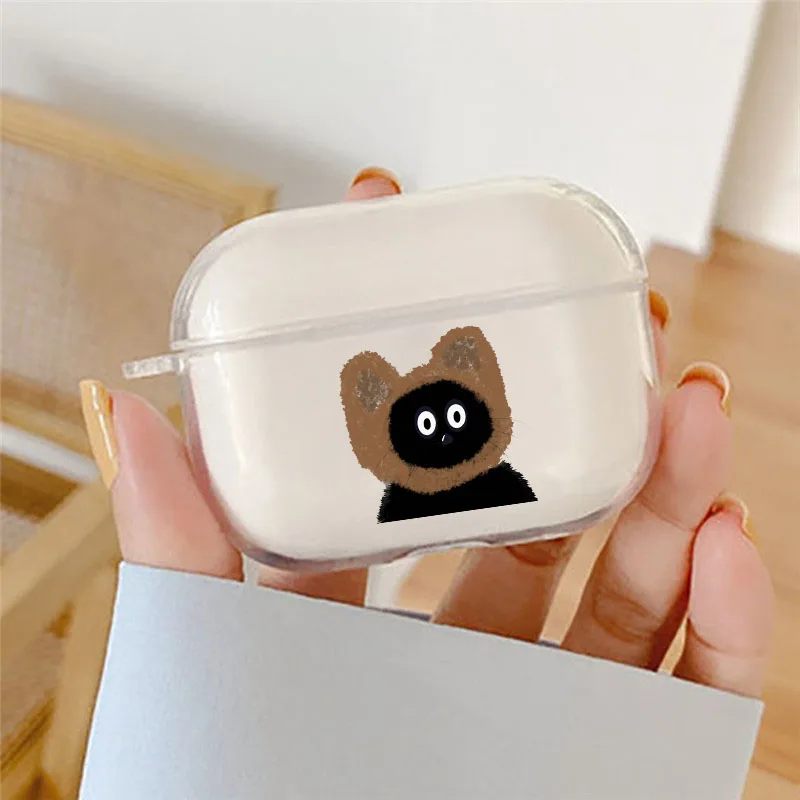 Funny Cartoon Black Cat Earphone Case For Apple AirPods 4 3rd 2 Pro 2 Transparent Cover For Airpod 1 3 Protective Cute Box Shell