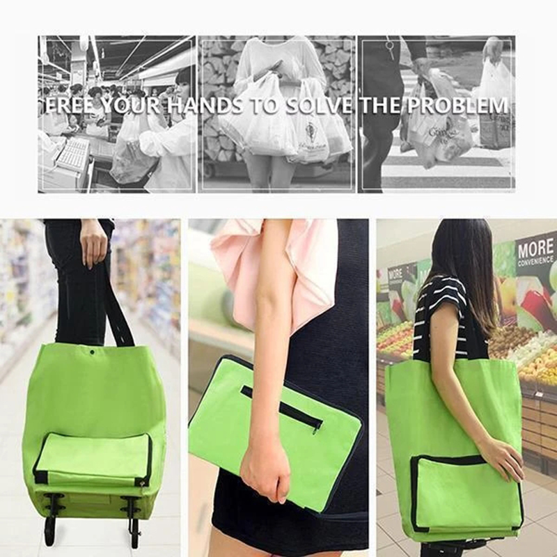 2 In 1 Foldable Shopping Cart Collapsible Two-Stage Zipper Folding Shopping Bag With Wheels Foldable organizador