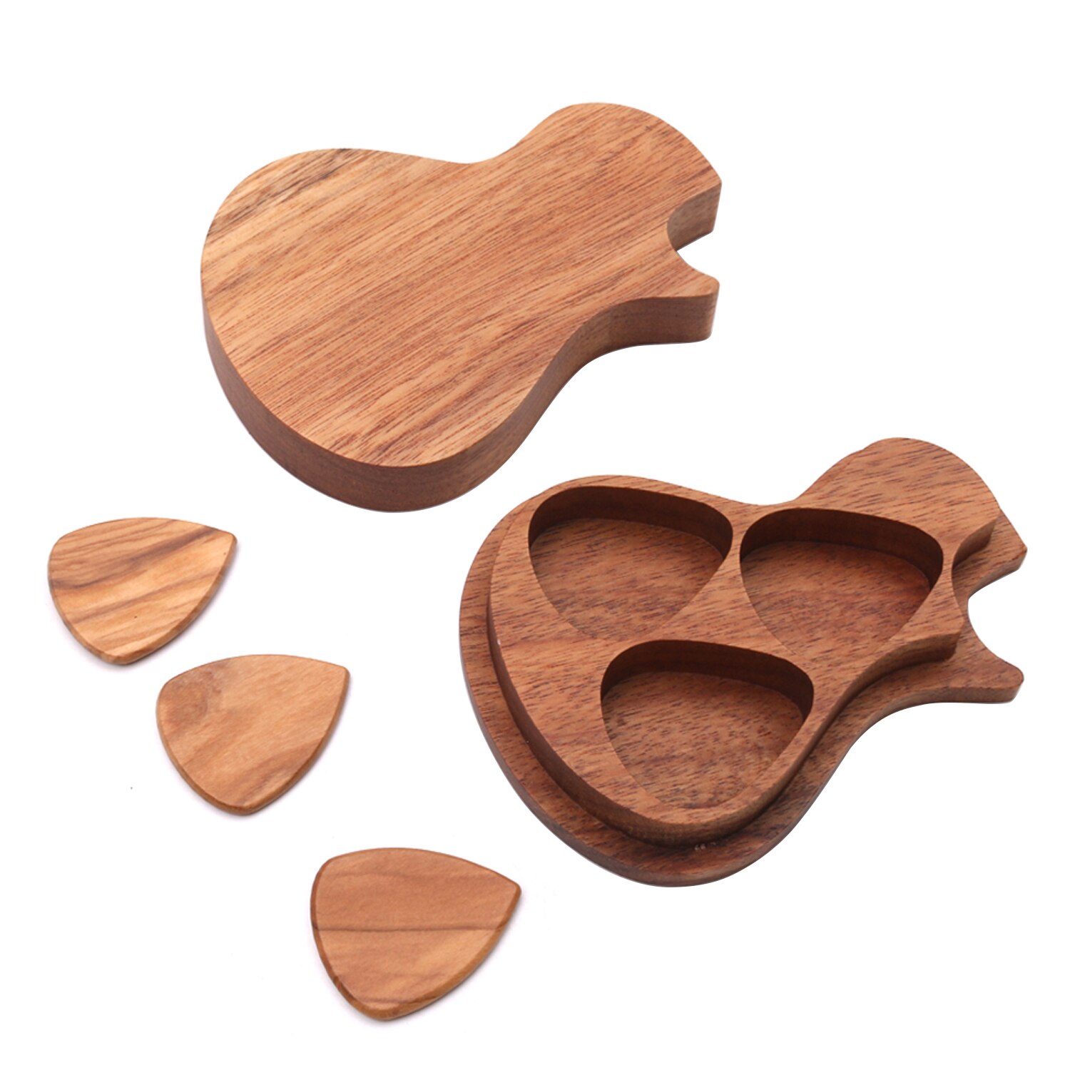 Wooden Guitar Pick Set Plectrum Storage Holder Case Box with 3pcs Guitar Picks